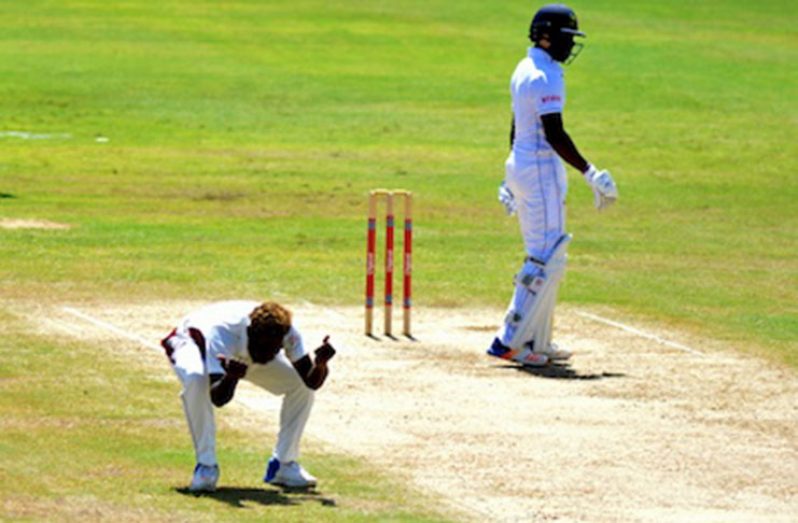 Jeremiah Louis celebrates the dismissal of Kenroy Williams lbw. (CWI Media/Kerrie Eversley)