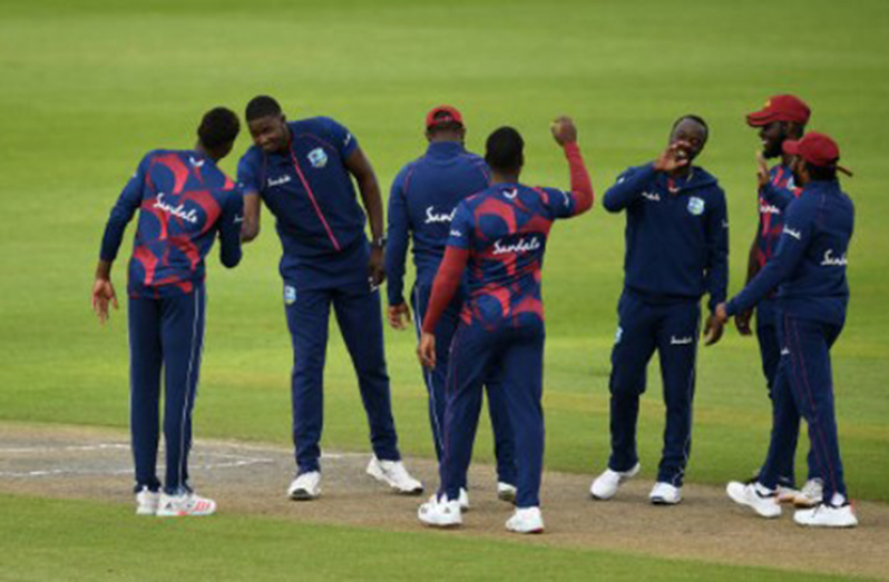 West Indies celebrate a wicket during an ‘inter-squad’ tour game at Old Trafford.