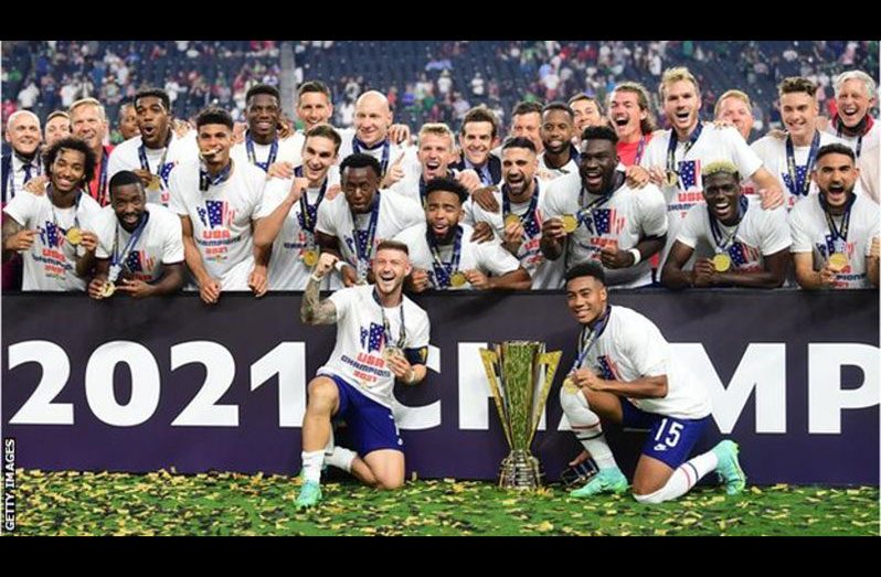 The United States celebrate avenging their defeat by Mexico in the 2019 Gold Cup final.