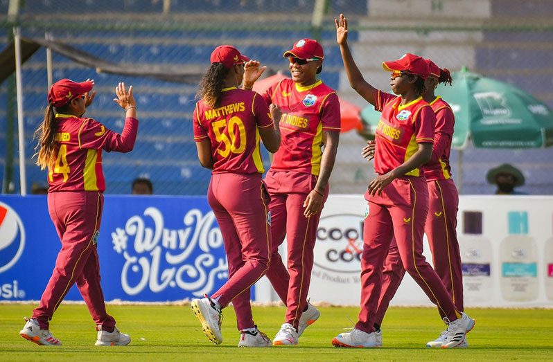 Hayley Matthews celebrates a wicket with her team-mates vs Pakistan Women, 1st ODI, Karachi, November 8, 2021