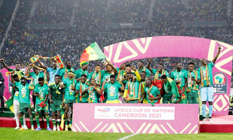 Senegal players celebrate after winning the Africa Cup of Nations Final against Egypt, at the Olembe Stadium, Yaounde, Cameroon on February 6, 2022 (REUTERS/Mohamed Abd El Ghany)