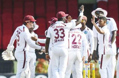 Jayden Seales and Gudakesh Motie brought about wickets in a cluster•Aug 16, 2024•AFP/Getty Images