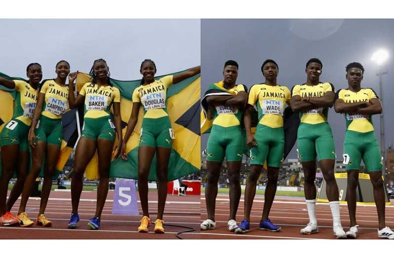 Jamaica’s female and  male quartets celebrate their  4x100m relay gold medals.