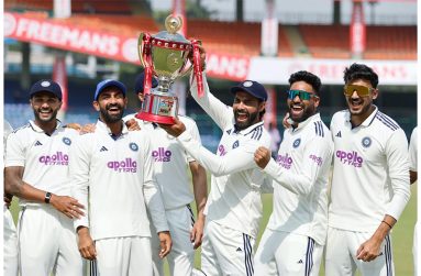 Nitish Kumar Reddy, N Jagadeesan, Ravindra Jadeja, Mohammed Siraj and Axar Patel party with the series trophy•Oct 14, 2025•BCCI