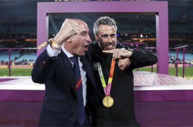 Luis Rubiales (left) and Jorge Vilda celebrated together in the aftermath of the former's kiss on Hermoso, which the player has said was non-consensual