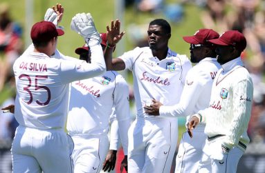 Alzarri Joseph celebrates with his team-mates, New Zealand v West Indies, 2nd Test, second day, December 12, 2020.