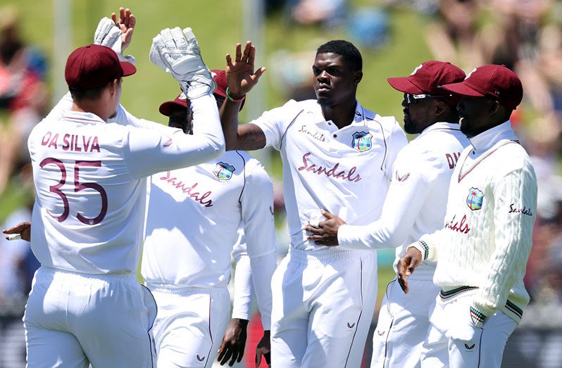 Alzarri Joseph celebrates with his team-mates, New Zealand v West Indies, 2nd Test, second day, December 12, 2020.