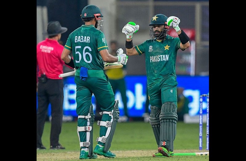 Mohammad Rizwan celebrates after reaching his half-century, India vs Pakistan, T20 World Cup, Group 2, Dubai, October 24, 2021 © AFP/Getty Images