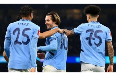 Jack Grealish (centre) celebrates scoring his first Manchester City goal in over a year