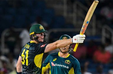 Mitchell Owen celebrates his half-century on his T20 debut