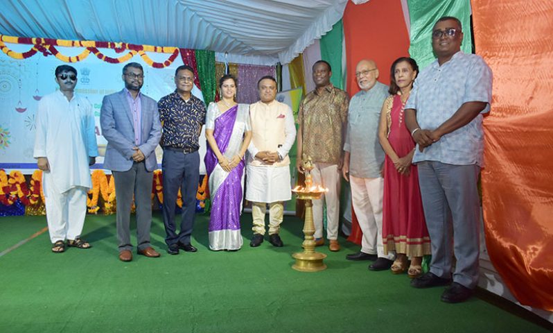 To begin the auspicious celebration, the ceremonial lamp was lit by Dr. Srinivasa and Mrs. Srinivasa; Speaker of the National Assembly, Manzoor Nadir; Former President of Guyana, Donald Ramotar and Mrs. Deolatchmee Ramotar; Minister of Foreign Affairs and International Cooperation, Hugh Todd; Member of Parliament, Ganesh Mahipaul and the Mayor of Georgetown, Ubraj Narine (Elvin Croker photo)