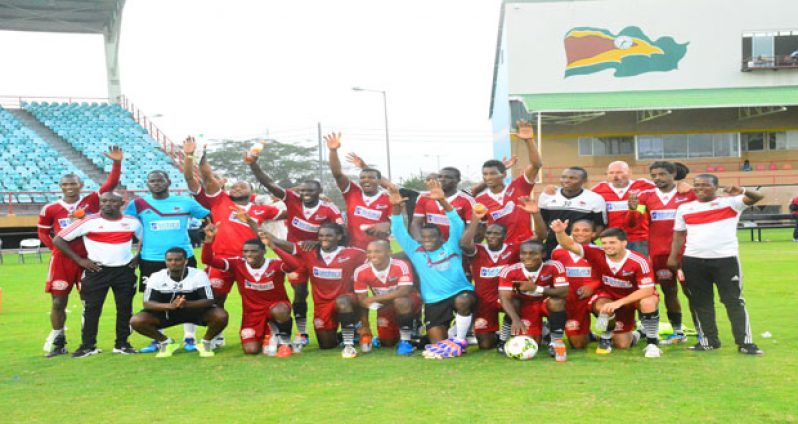 The victorious Central FC team after winning 3-1 against Alpha United yesterday at the Guyana National Stadium (Samuel Maughn photos)