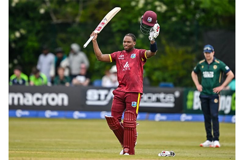 Keacy Carty celebrates his second ODI hundred • Sportsfile via Getty Images