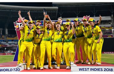 Australia hold the World T20 trophy aloft, England v Australia, Women's World T20 final, Antigua, November 24, 2018 ©ICC/Getty