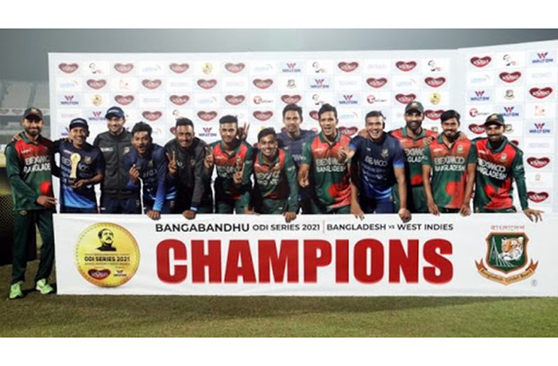 Bangladesh players celebrate their ODI series win over West Indies on Monday. Photograph: BCB/Twitter
