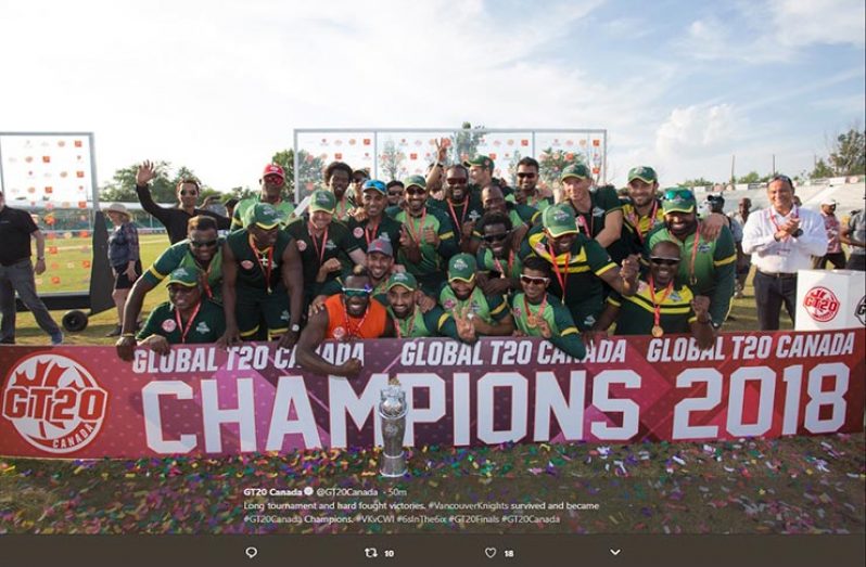 Vancouver Knights celebrate their Global T20 title win  over Cricket West Indies B