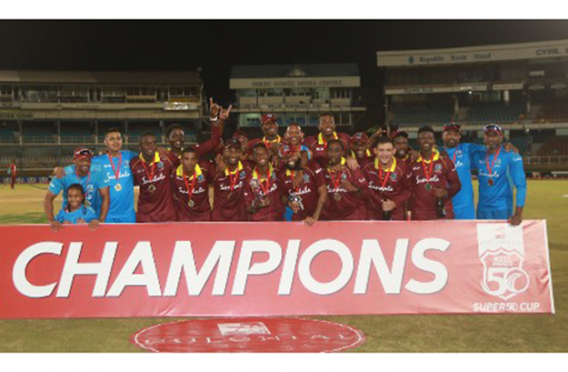  Super50 Cup champions West Indies Emerging Players celebrate with their trophy
