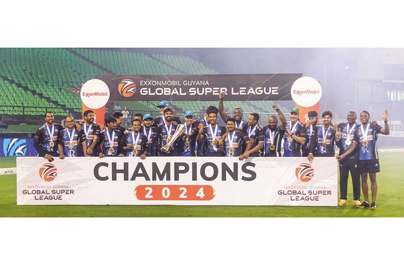 Rangpur Riders celebrate winning the ExxonMobil Guyana Global Super League (GSL) trophy when they beat Cricket Victoria at the Providence Stadium in the final last night