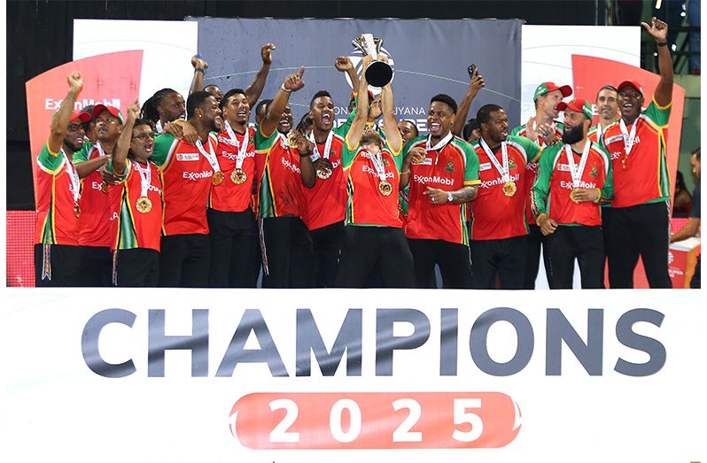 Imran Tahir of Guyana Amazon Warriors lifts the ExxonMobil Guyana Global Super League trophy after winning the ExxonMobil Guyana Global Super League T20 Final match between Guyana Amazon Warriors v Rangpur Riders at Providence Stadium on July 18, 2025 in Georgetown, Guyana. (Photo by Ashley Allen - GSLT20/Global Super League via Getty Images)