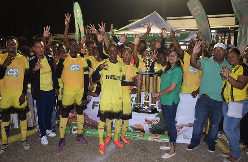 Three-time champs! Chase Academic Foundation hoist their third Milo Schools Football trophy after winning a penalty shootout 3-2 against Morgan’s Learning Centre on Sunday evening.