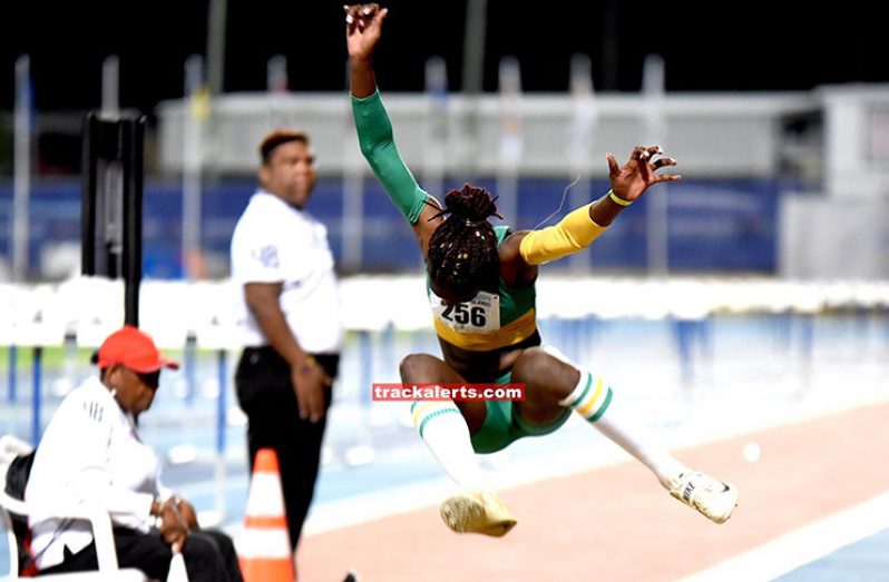 Guyana’s Chantoba Bright in action during her Gold Medal performance in the Women’s U-20 Long Jump at the 2019 CARIFTA Games. It was her third consecutive gold medal in the event, having won in 2017 and 2018.