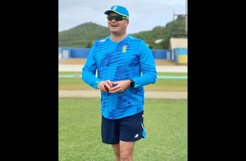 South Africa bowling coach Charl Langeveldt during practice with the squad at the Daren Sammy National Stadium on Sunday. (Photo courtesy Cricket South Africa)