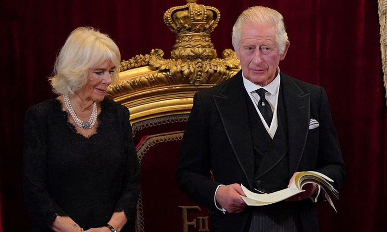 Britain's King Charles III and Queen Camilla attend the Accession Council at St James's Palace, where he is formally proclaimed Britain's new monarch, following the death of Queen Elizabeth II, in London, England (Jonathan Brady/Pool via REUTERS)