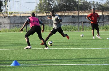 Assistant National squad coach, Charles 'Lily' Pollard (background), puts players through their paces at Providence.