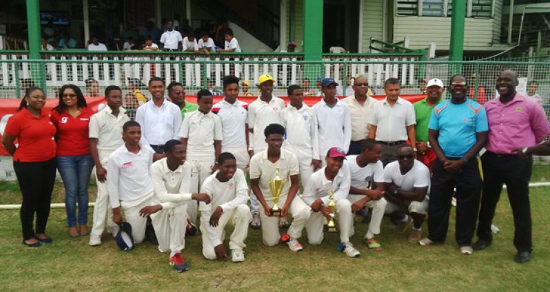 The victorious Chase Academy team with officials from the Guyana Cricket Board and representatives from the sponsors