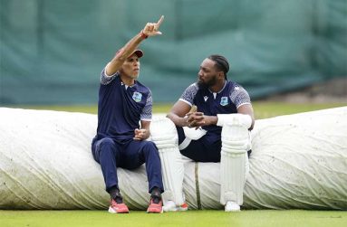 Jimmy Adams and Mikyle Louis chat during West Indies' practice session•Jul 25, 2024•Nick Potts/PA Photos/Getty Images