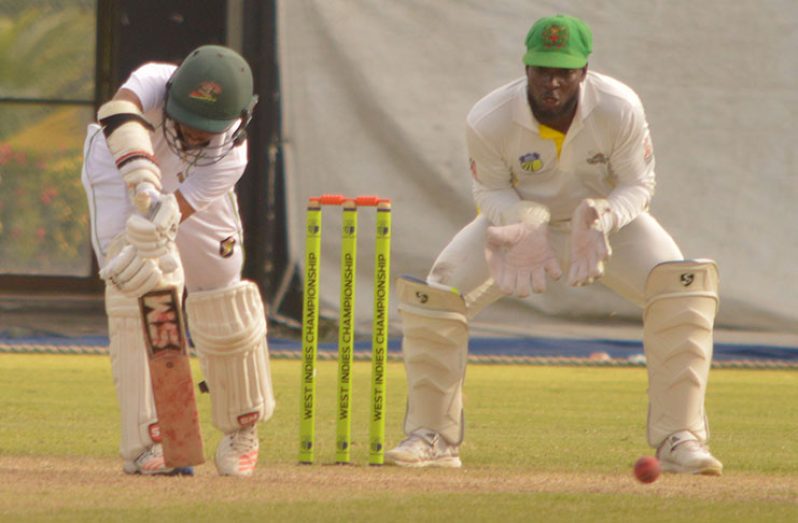 Guyana Jaguars vice-captain Vishaul Singh (batting) was one of two Guyanese to score half-centuries on day two of the seventh round CWI Regional Four-day encounter at Guyana National Stadium, Providence against Jamaica Scorpions. The other was skipper Leon Johnson. (Adrian Narine photo)