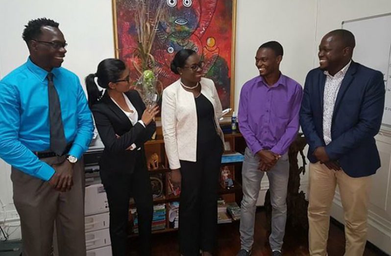 Tuesday’s courtesy call, from left: businessman Frankie Farley, vice-president of development Attorney-at-Law Yolander Persaud, Minister of Sport Nicolette Henry, vice-president of sponsorship and finance, committee member Anthony Drayton and GCF president James Bond.