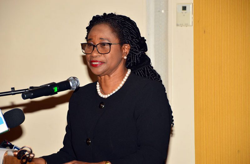 Chancellor of the Judiciary (ag), Justice Yonette Cummings-Edwards addressing the gathering at the launch on Tuesday (Adrian Narine photo)