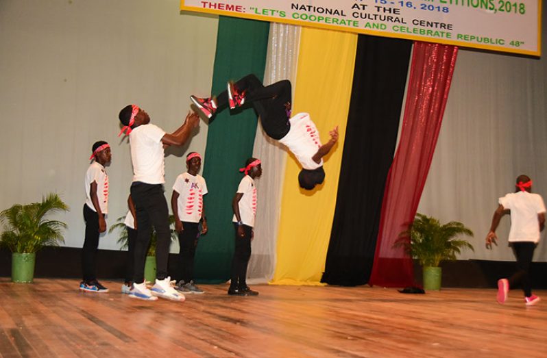 Dancers from Leguan Secondary during their energetic performance in the Dance 11 – 13 (hip hop) competition (Adrian Narine photo)