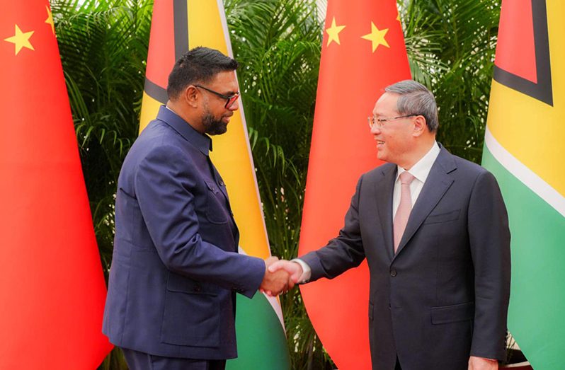 Chinese Premier Li Qiang on Sunday met with Guyana’s President, Dr. Irfaan Ali in Beijing, and said that China is willing to work with Guyana to promote relations between China and Caribbean countries, and to jointly safeguard the common interests of developing countries (Guyana’s Office of the President photos)