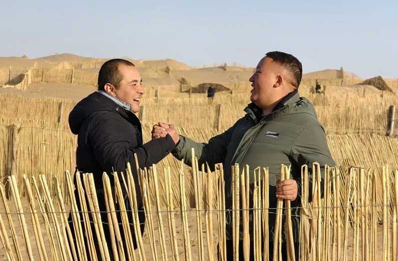 Photo taken on November 27 shows sand control workers shaking hands to celebrate the completion of the green belt in the Pishan section of the Taklimakan Desert. (Photo/Hu Lizheng)