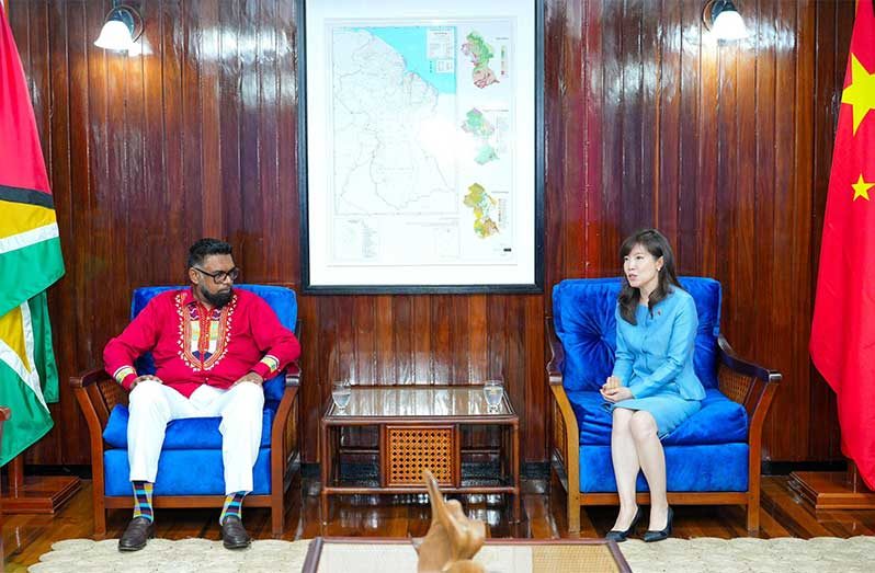 President Dr. Irfaan Ali and newly appointed Ambassador Extraordinary and Plenipotentiary of the People’s Republic of China to Guyana, Her Excellency Yang Yang during discussions at the Office of the President