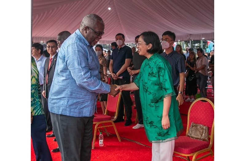 Prime Minister Mark Phillips greets Chinese Ambassador to Guyana, Her Excellency Guo Haiyan, on Sunday to observe the 2023 Chinese Lunar New Year and Spring Festival