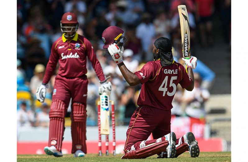 To the delight of the Kensington Oval  crowd, Chris  Gayle brought up his 24th ODI hundred ©Getty Images