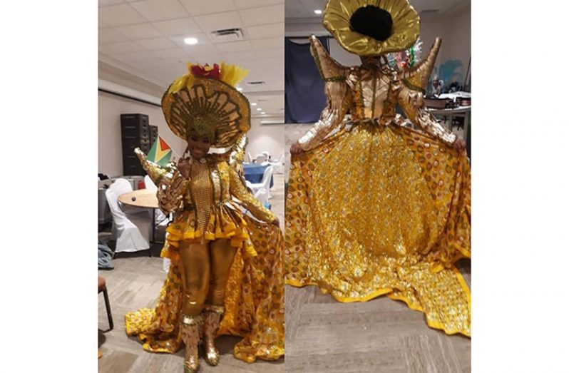 Christal De Jesus representing Guyana in her cultural costume depicting the El Dorado and newly found oil designed by Mwanza Glenn.