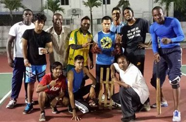 The victorious Guyana Chronicle team poses for a photo after defeating Guyana Bank for Trade and Industry in a tapeball encounter last Friday night.