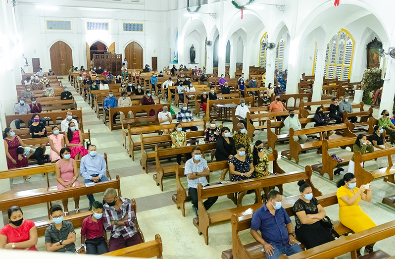 A ‘socially-distanced’ church service at the Cathedral of Immaculate Conception at Brickdam, Georgetown (Delano Williams photo)