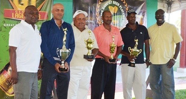 The champion Patanjalee ‘Pur’ Persaud (second left) with other winners Vijay Deo, Sunil Lauton and Jaipaul Suknanan, flanked by Banks DIH Communications Manager Troy Peters and Lindel Harlequin (Senior Manager – Credit and Marketing) of Citizens Bank.
