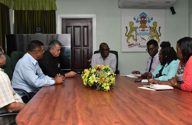 Minister of Citizenship Winston Felix (centre) at a natural disaster coordination meeting on Monday. Also in the photo are, from left, a representative of A. Mazaharally & Sons Limited; Brian Tiwari of JAGS Aviation; Captain Gerry Gouveia of Roraima Air Services; Technical Officer, Ministry of Citizenship, Jermaine Grant; and representatives of the Ministries of Education and Foreign Affairs.