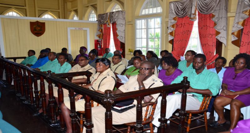 A section of the gathering listening attentively during the special session yesterday on local governance hosted at City Hall.  (Adrian Narine photo)