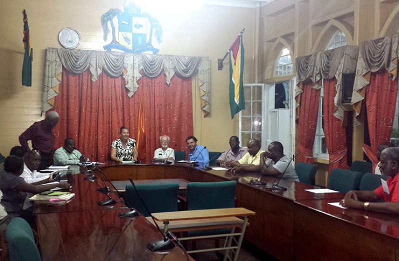 Councilor Oscar Clarke (standing ) makes a point during the meeting as Mayor Patricia Chase-Green (centre) and other officials look on.