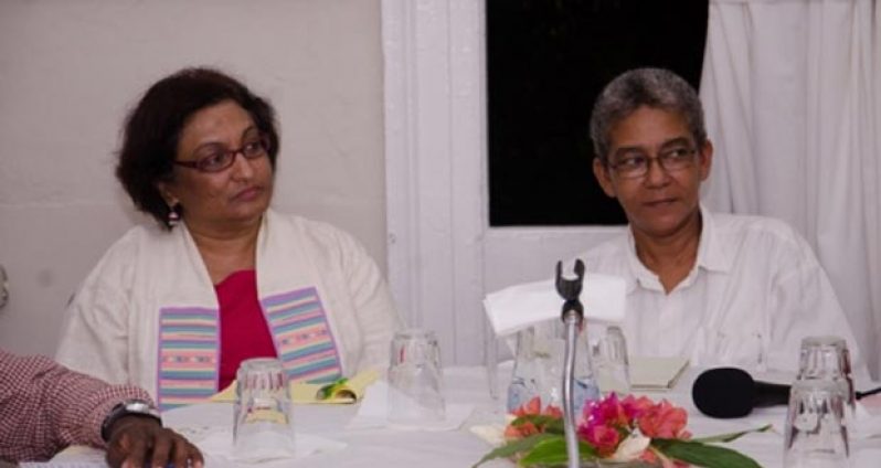 Rev. Patricia Sheerattan-Bisnauth of GRPA, at left, and Ms. Karen De Souza of Red Thread participating in discussions on domestic violence