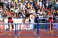 Femke Bol on her way to winning the 400m hurdles in Stockholm with Rushell Clayton (left) and Andrenette Knight (right). (World Athletics photo)