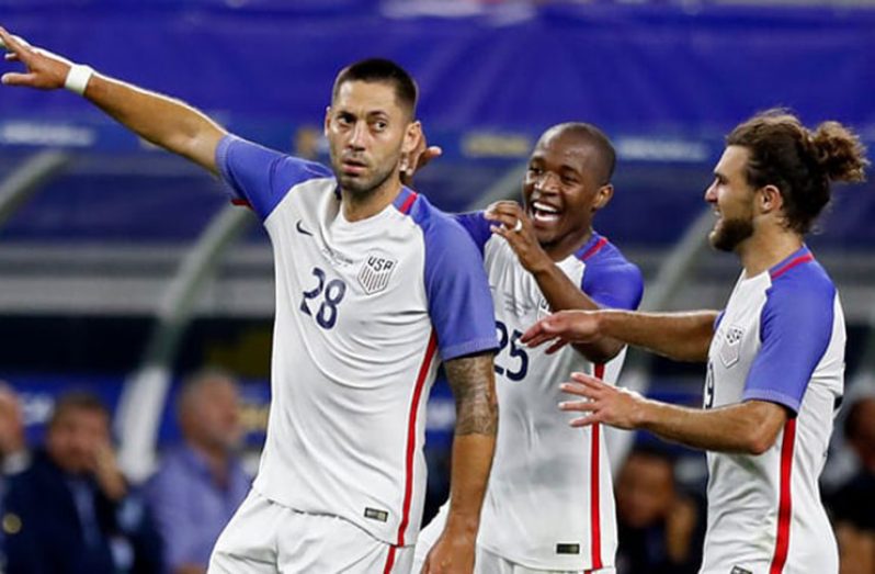 Clint Dempsey celebrates his record-tying 57th international goal in Saturday’s Gold Cup semi-final. Photograph: Larry W Smith/EPA