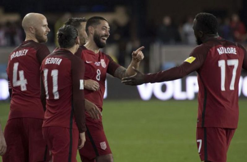 United States forward Clint Dempsey (8) is congratulated after scoring a hat-trick against the Honduras during the second half of the Men's World Cup Soccer Qualifier at Avaya Stadium. The United States defeated Honduras 6-0. Mandatory Credit: Kyle Terada-USA TODAY Sports